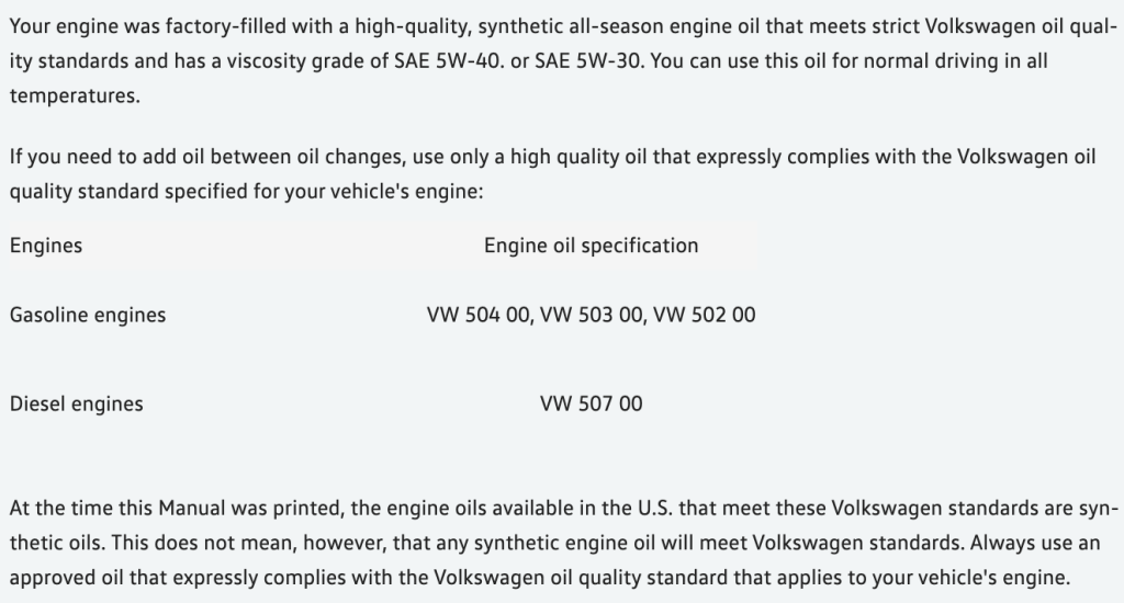 2014 Volkswagen Passat Oil Specs