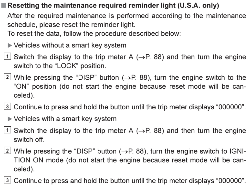 2015 Toyota RAV4 Maintenance Data Reset Instructions